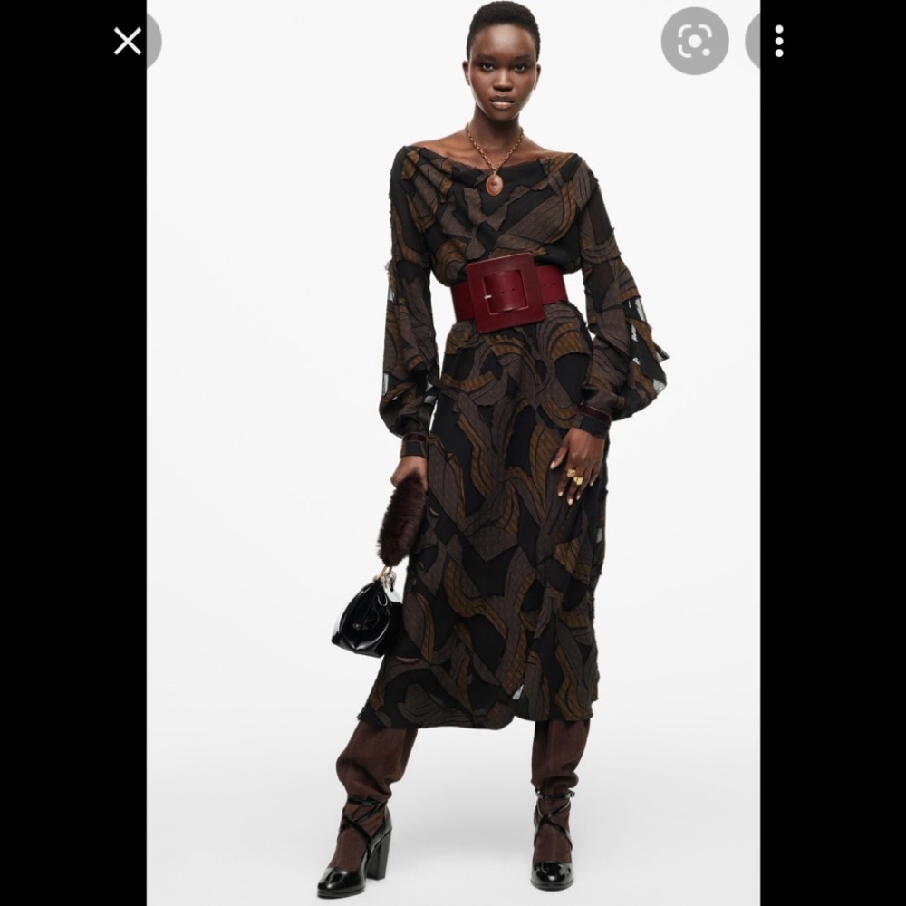 Zara Limited Edition Dress black brown textured midi long cowl off shoulder NWT